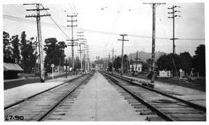 Glendale Boulevard from center line of P.E. tracks just south of Seneca Street looking north at S.P. crossing, Los Angeles County, 1927