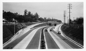 View along the Arroyo Seco Parkway, State Route 205, looking east at Orange Grove Avenue ramps from Grand Avenue bridge, Los Angeles County, 1941