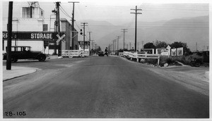 Foothill Boulevard (Santa Anita Avenue) from south side of Santa Fe crossing looking north, Los Angeles County, 1928