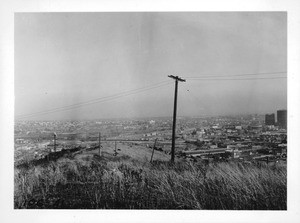 View from point above Chavez Ravine and Sunset Boulevard and just east of Innes Avenue, looking southeast over city of Los Angeles, 1937