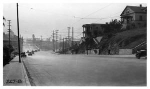 View of intersection of 1st Street and Glendale Boulevard looking east from 1st Street, Los Angeles, 1925