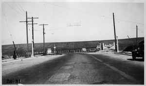 "Death Curve" on Coast Road at north city limits of El Segundo, from center line of Main Street south of Collingwood Avenue, El Segundo, looking north, Los Angeles County, 1928