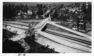 View along the Arroyo Seco Parkway, State Route 205, looking southwesterly at compressed cloverleaf grade separation at Avenue 52, Los Angeles County, 1941