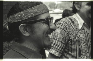 Raúl R. Salinas socializing with others at the Festival de Flor y Canto, Los Angeles, 1973