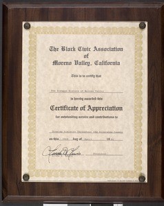 Certificate of appreciation given to the Scruggs sisters, 1991