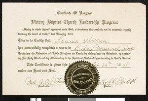 Louise Warren's certificate of progress, Victory Baptist Church, 1948