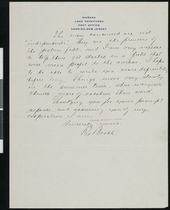 Rex Beach, letter, to Hamlin Garland