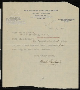 Hamlin Garland, letter, 1911-10-02, to Alice Kauser