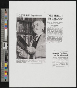 Talk billed by Garland, 193?; Hamlin Garland to be honored, 1933