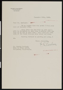 Frederick Russell Burnham, letter, 1932-12-30, to Hamlin Garland