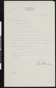 Rex Beach, letter, 1917-12-21, to Hamlin Garland