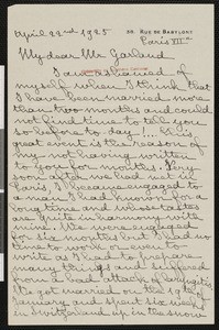 Therese de Ferron Chiene, letter, 1925-04-22, to Hamlin Garland