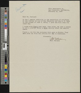 Whit Wellman, letter, 1940-02-15, to Hamlin Garland