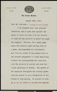 Ellery Sedgwick, letter, 1913-08-18, to Hamlin Garland