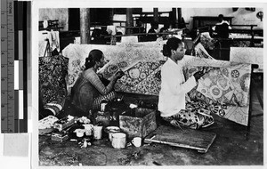 Two women painting cloths, Solomon Islands, Oceania, 1939