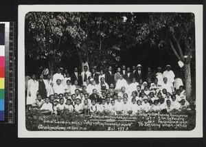 Group portrait celebrating golden wedding of evangelist, Madagascar, 1932