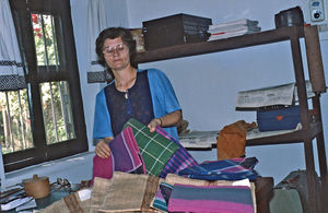 BLC, Bangladesh. DSM Missionary Elsebeth Fischer-Nielsen presenting saries for sale from the we