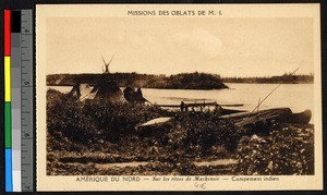 Hide tent and campsite set up on the banks of a river, Canada, ca.1920-1940