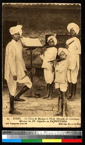 Music class playing fifes, Rajasthan, India, ca.1920-1940