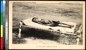 Dead victim of starvation on a cot, Rajasthan, India, ca.1920-1940