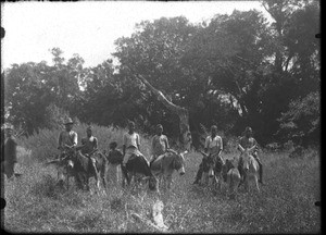 Group of African people riding donkeys, Antioka, Mozambique, ca. 1901-1907