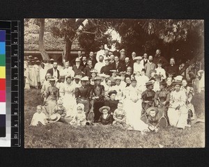 Group portrait of missionaries with Queen Ranavalona II and Royal family at garden party, Madagascar, 1875