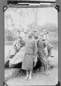 Students blowing their horns, Rungwe, Tanzania, ca. 1898-1914