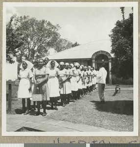 Hospital staff gathering for church, Chogoria, Kenya, ca.1960