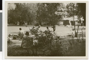 Workers breaking stones at the mission station Harmshusen, Adis Abeba, Ethiopia, 1935