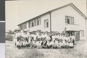 Ibaraki Christian College Students in front of the First Classroom Building at Ibaraki Christian College, Ibaraki, Japan, ca.1948-1955