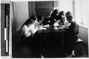 Korean girls practicing petit point embroidery, Yeng You, Korea, 1939