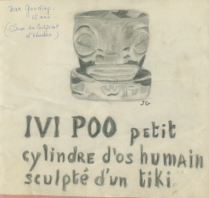 Drawing of a "Ivi Poo", small cylinder of human bone on which is sculptured a "tiki"