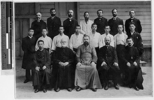 Bishop Castonier with six newly baptized students at Brothers of Mary School, Osaka, Japan, June 1920