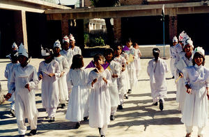 Pakistan 1995. St. Paul's Middle School, Mardan, Peshawar Diocese. Welcome by the children