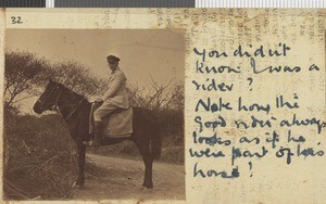 Lt. Irvine on horseback, Dodoma, Tanzania, July-November 1917