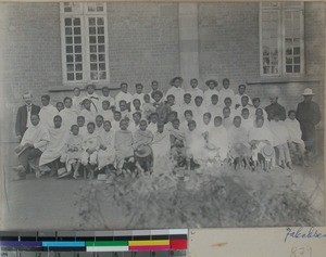 Teachers and students gathered outside school building, Fianarantsoa, Madagascar, ca.1905