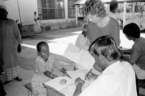 Danish Bangladesh Leprosy Mission/DBLM, 1989. Examination of patient at the hospital in Nilpham