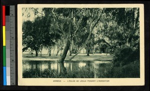 View of church in a flood, Zambia, Africa, ca.1920-1940