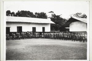 Schoolboys and schoolgirls at physcial training in Odumase