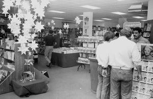 Family Bookshop, Bahrain. Interior with Christmas stars, 1989