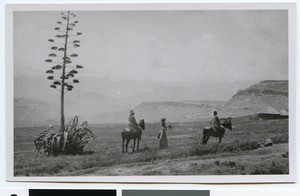 Two men on horseback and a standing woman, South Africa