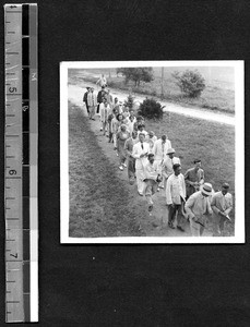 End of Commencement procession at Fukien Christian University, Fuzhou, Fujian, China, 1948