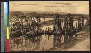 Bamboo water wheels for irrigation, China, ca.1920-1940