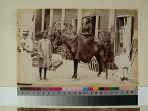 Valborg Anderssen sitting on a mule at Antsahamanitra Girls' School, Antananarivo, Madagascar, ca.1896