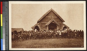 Congregants outside church after mass, Sandoa, Congo, ca.1920-1940