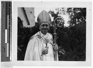 Portrait of Bishop Sweeney holding a crozier, Honolulu, Hawaii, ca. 1940-1950