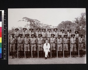 Group portrait of missionary with scouts, Nigeria, 1929