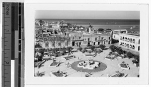 View from cathedral tower showing plaza and Bay of Campeche, Campeche, Mexico, February 1947