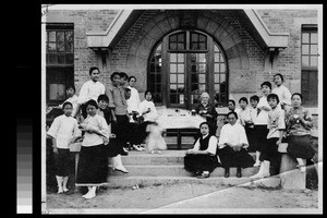 Women students at tea party for Luella Miner, Yenching University, Beijing, China, 1927