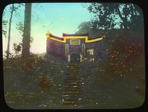 Temple gate above an ascending set of stone steps, China, ca.1917-1923